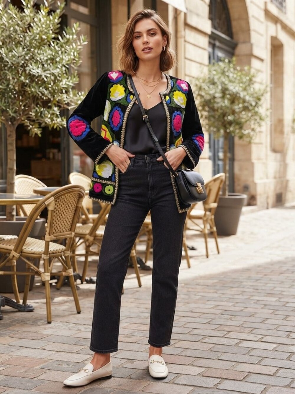 VTG French Violet Black Velvet Embroidered Floral Jacket Size S Boho Suzani Coat